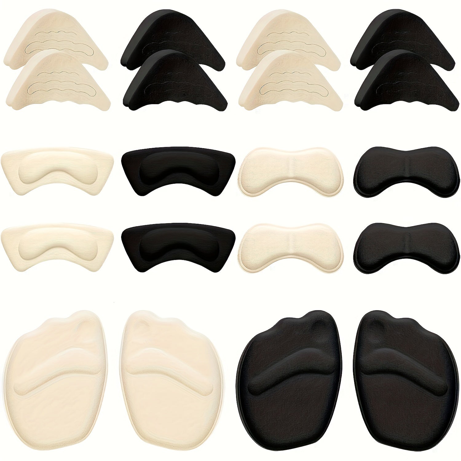 10 Pares de Almohadillas Ajustables para Talón y Dedos - Cojines Antideslizantes para el Antepié y Grips para Talones para Tacones Altos | Plantillas Ergonómicas en Blanco y Negro para Eventos Formales de Mujer, Trabajo y Comodidad Diaria